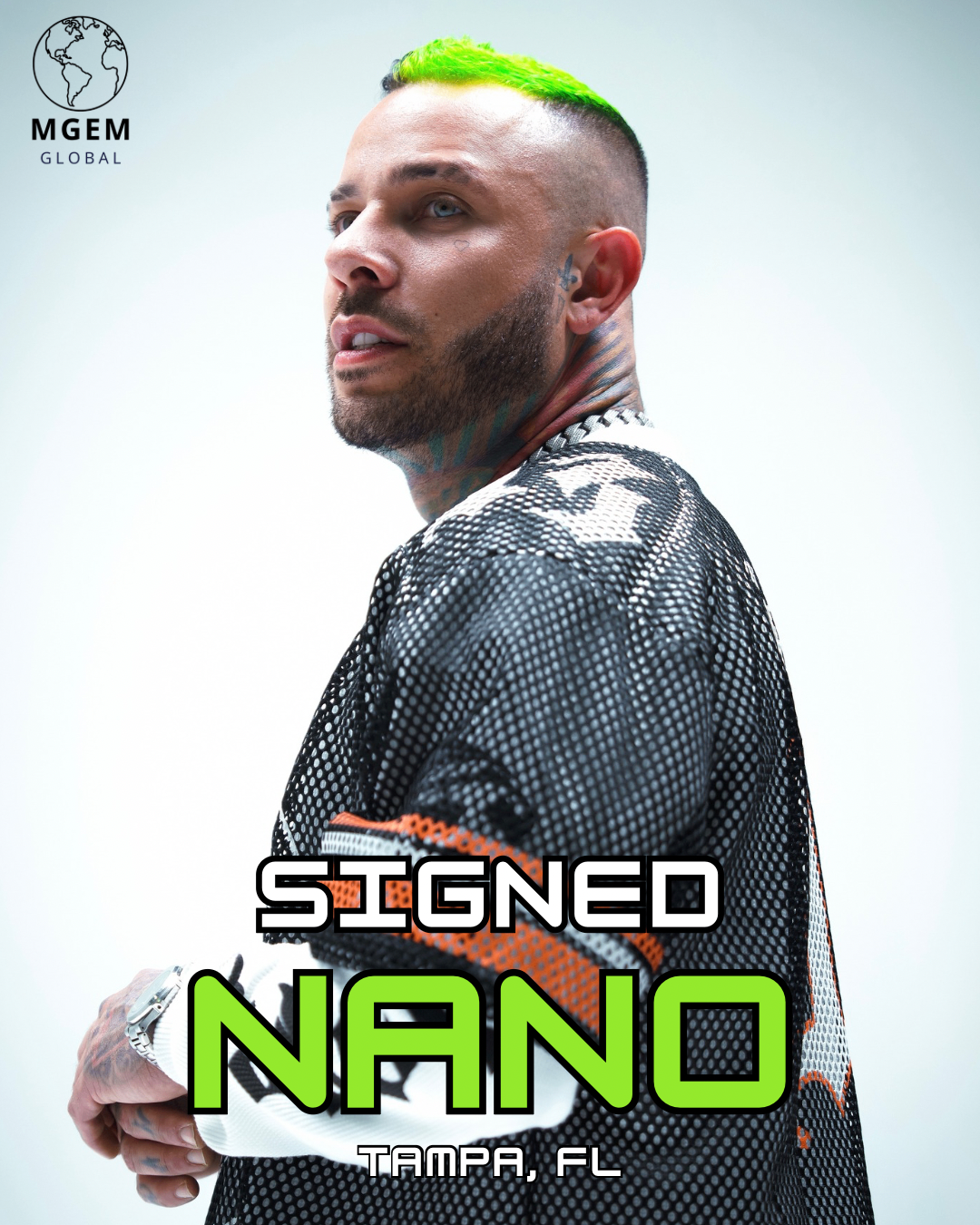 Promotional MGEM talent graphic for Nano in Tampa, Florida